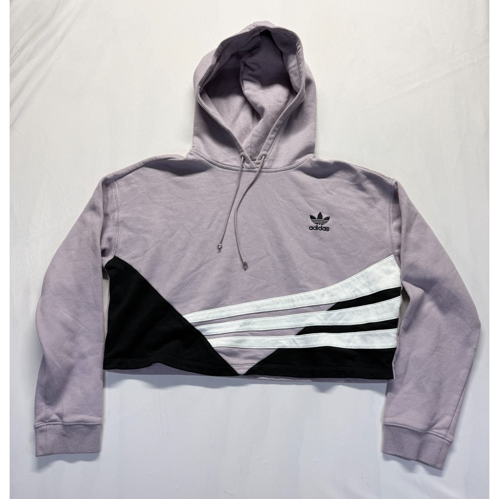 Adidas Cropped Hoodie Womens Medium Lilac Purple Multi Fleece Lined Athleisure